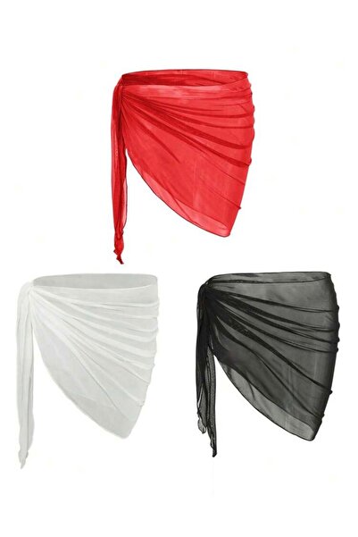 Oprah Kadın 3 Lü Paket Kırmızı Siyah Beyaz Likralı Tül Pareo