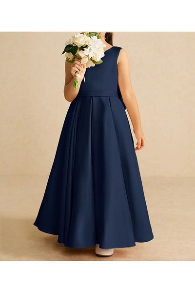 NSMLİFE Girls Kids A-Line Pleated Plain Satin Long Dress Graduation Birthday Prom Dress