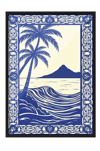 Postifull Black Framed Poster, Seascape, Illustration, Blue Color Poster, 2025 Summer Selection, No:109616