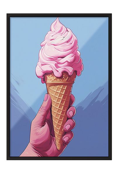 Postifull Black Framed Painting, Ice Cream, Cone, Hand, Illustration, Blue Color Poster, 2025 Summer Selection, No:109