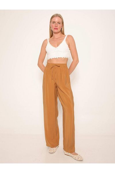 Coral Elastic Waist Lace-Up Wide Leg Trousers Brown