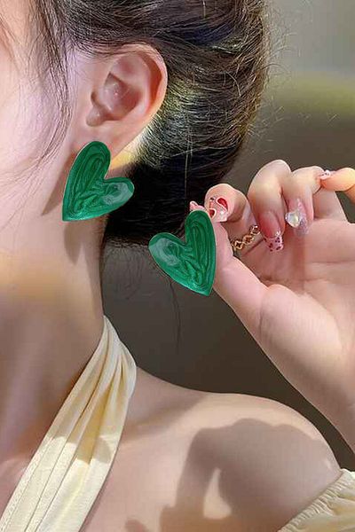 Glaren Green Enamel Big Heart Women's Earrings