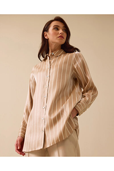 SCL Parlak Dokulu Çizgili Düğmeli Gömlek