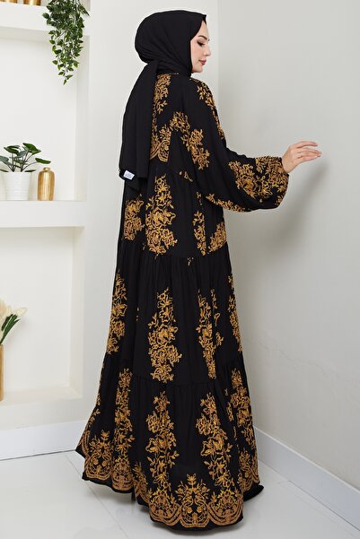 InStyle Hakim Yaka Desenli Siyah Viskon Elbise