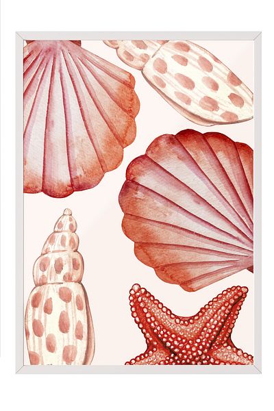 Postifull White Framed Painting, Seashell, Starfish, Watercolor, Red Color Poster, 2025 Summer Selection