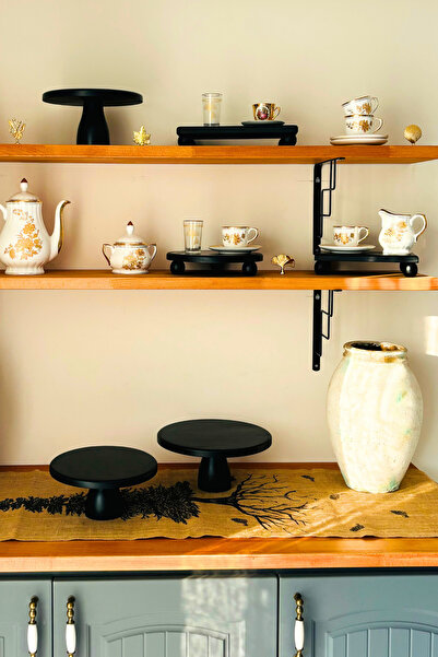 justwood Black 2 Li Risus&Lucca Top Footed 29 cm and 29 Wooden Round Cake Presentation Serving Plate Set