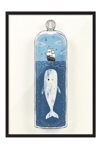 Postifull Black Framed Poster Painting, White Whale, Illustration, Blue Color Poster, 2025 Summer Selection, No:109
