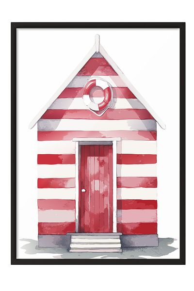 Postifull Black Framed Painting, Cottage, Door, Life Buoy, Watercolor, Red, White Color Poster, 2025 Summer Choose
