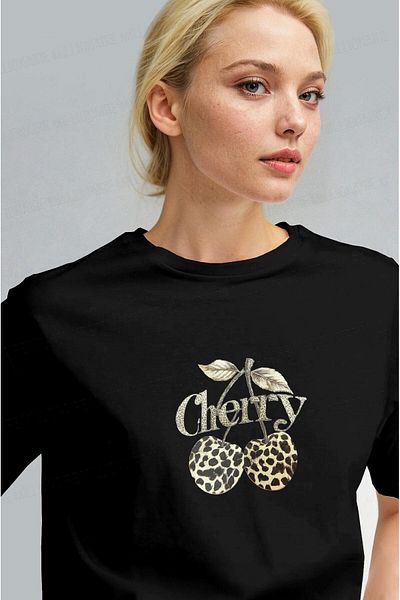 Millionaire Women's Black Cherry Leopard Cherry Print Regular Fit Regular Fit T-Shirt