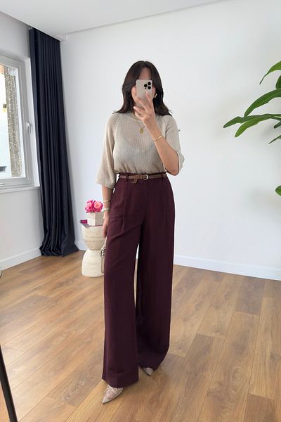 BİRCANÇİL Perla Burgundy Premium Belted Trousers