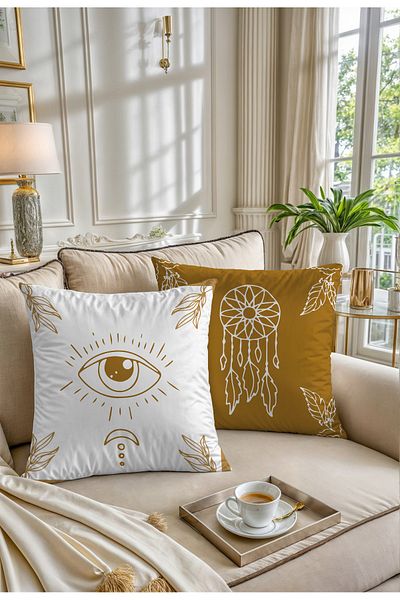 Hayal Dekoratif Bohemian Boho Dream Catcher Eye Pattern Brown White Colored 4-Piece Sofa Pillow - Throw Pillow Case Set