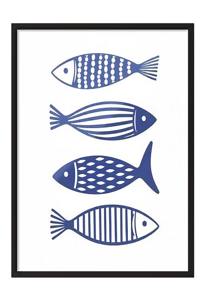 Postifull Black Framed Poster, Sea Fish, Illustration, Blue Color Poster, 2025 Summer Selection, No:109562