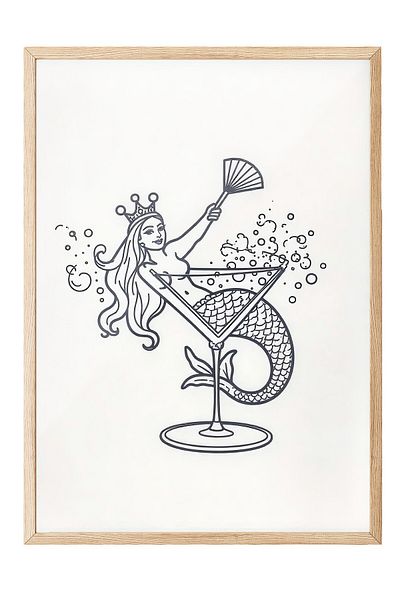 Postifull Wooden Framed Poster, Mermaid Cocktail, Illustration, Black & White Color Poster, 2025 Summer Selection