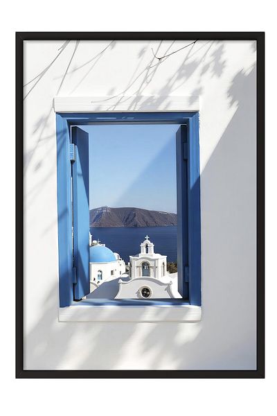 Postifull Black Framed Poster, Window Facing Greek Island, Photo, Blue Color Poster, 2025 Summer Selection, N