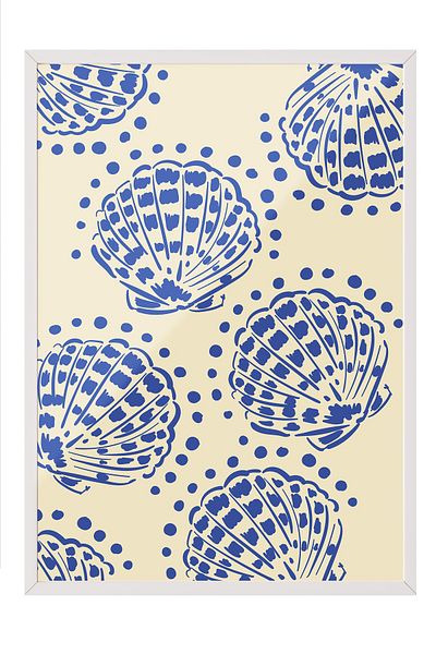 Postifull White Framed Painting, Seashells, Dots, Flat Illustration, Beige, Blue Color Poster, 2025 Summer