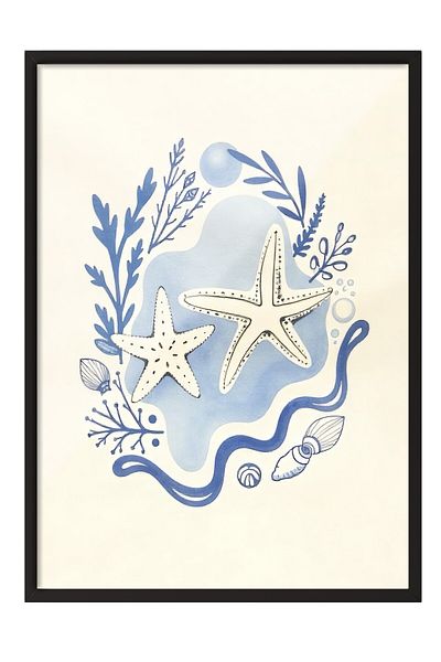 Postifull Black Framed Poster, Seashell, Illustration, Blue Color Poster, Summer Selection 2025, No:109552