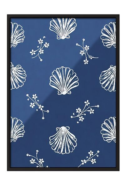 Postifull Black Framed Poster, Seashell, Illustration, Blue Color Poster, Summer Selection 2025, No:109555