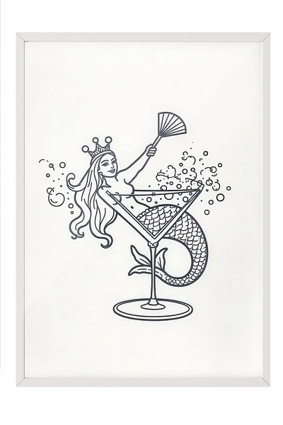 Postifull White Framed Poster, Mermaid Cocktail, Illustration, Black & White Color Poster, 2025 Summer Selection
