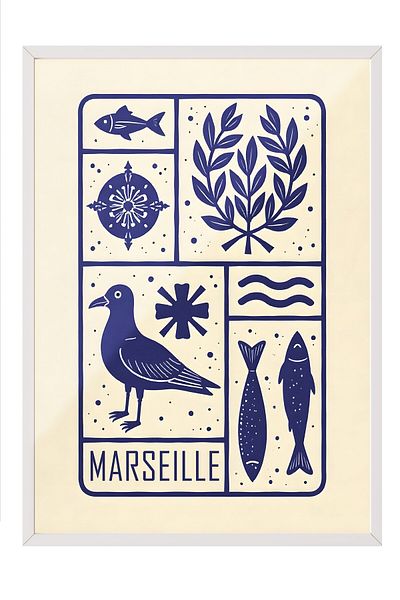 Postifull Poster cu cadru alb, Marseille, ilustrație, poster de culoare albastră, selecție de vară 2025, NR:109572