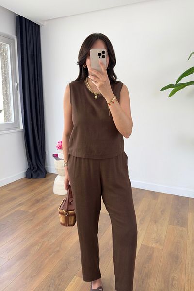 BİRCANÇİL Tenka Brown Pants Blouse Necklace Set