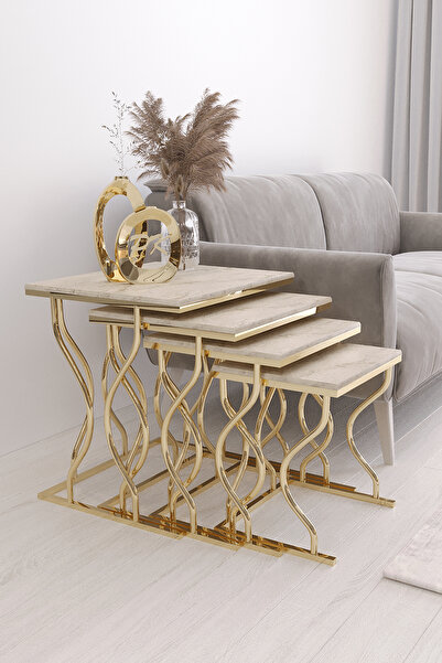 Puklife Hayal 4'lü Kare Zigon Sehpa Gold Ayak, Traverten Mdf