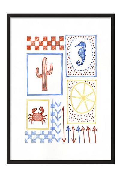 Postifull Black Framed Poster, Beach Atmosphere, Illustration, Blue Color Poster, 2025 Summer Selection, No:109569