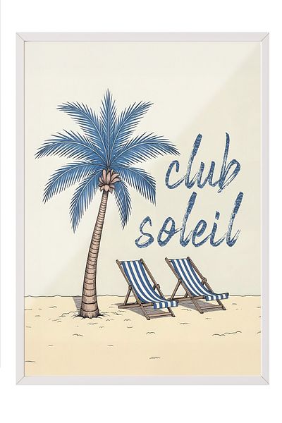 Postifull White Framed Poster, Soleil Club, Illustration, Blue Color Poster, 2025 Summer Selection, No:109563