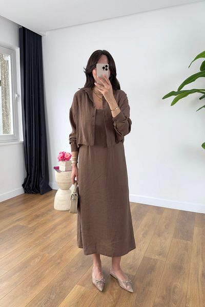 BİRCANÇİL Monisa Coffee Shirt Rope Strap Dress Set