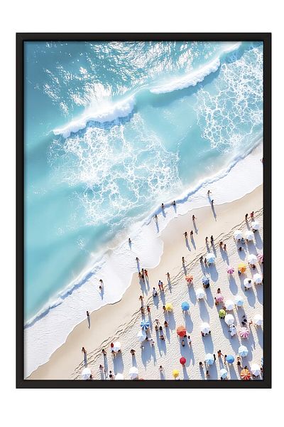 Postifull Black Framed Poster Painting, People on the Beach, Photo, Blue Color Poster, 2025 Summer Selection, No:10