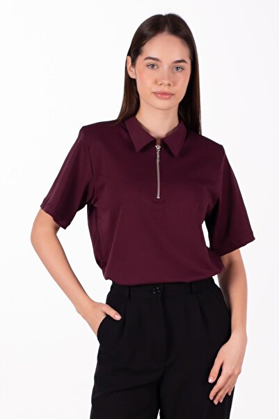 BARRELS AND OIL Women's Shoulder Pad Pack Zippered Polo Neck T-Shirt - Claret Red