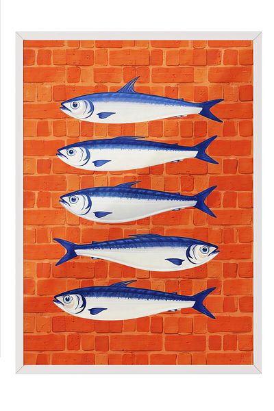 Postifull Poster cu cadru alb, Sardine, Ilustrație, Poster de culoare roșie, Selecție de vară 2025, NR:109