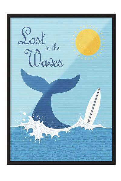 Postifull Black Framed Poster, Lost among Waves, Illustration, Blue Color Poster, 2025 Summer Solstice