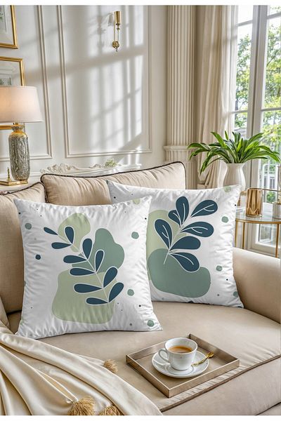 Hayal Dekoratif Bohemian Boho Themed Green and White Colored Decorative Gift 4-Piece Sofa Cushion - Throw Pillow Cover Set