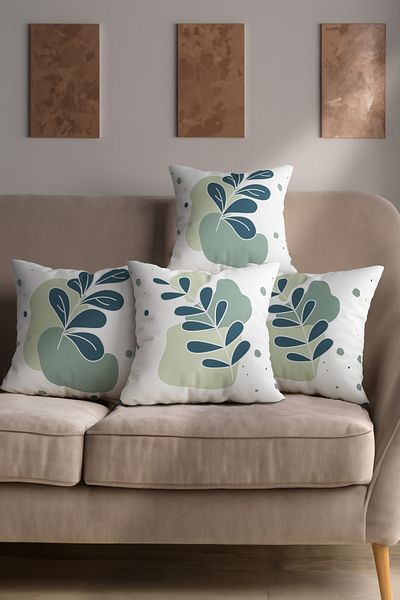 Hayal Dekoratif Bohemian Boho Themed Green and White Colored Decorative Gift 4-Piece Sofa Cushion - Throw Pillow Cover Set