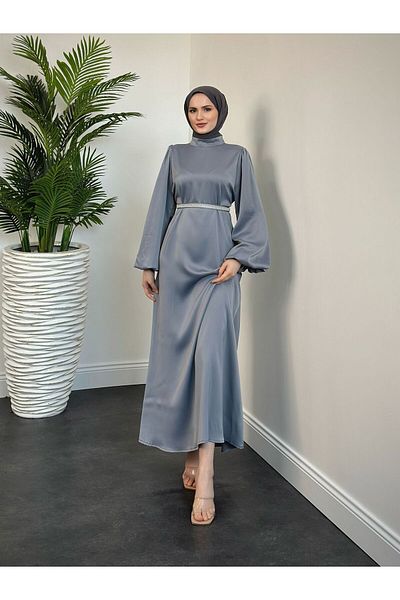 STİLZERAFET Βραδινό Σατέν Φόρεμα με Πέρλες Ζώνη Almina
