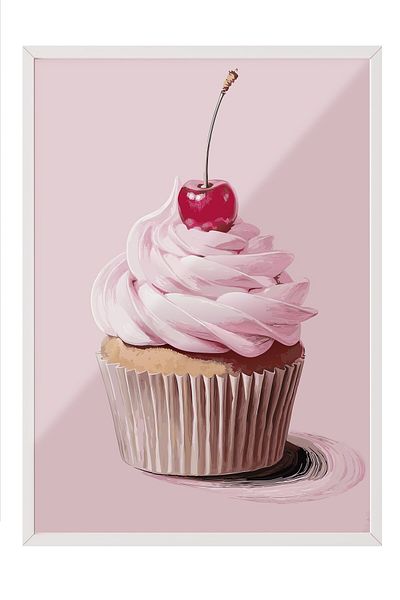 Postifull White Framed Painting, Cake, Cherry, Illustration, Pink, Pastel Tones Color Poster, 2025 Summer Selection,