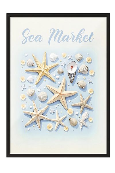 Postifull Black Framed Poster, Sea Market, Illustration, Blue Color Poster, 2025 Summer Selection, No:109581