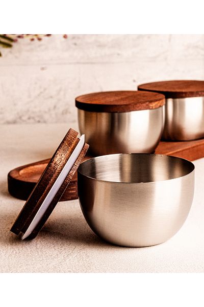 Stell&More Wooden Lid Steel Snack Bowl 7 Piece Leak Proof Storage Container 9cm