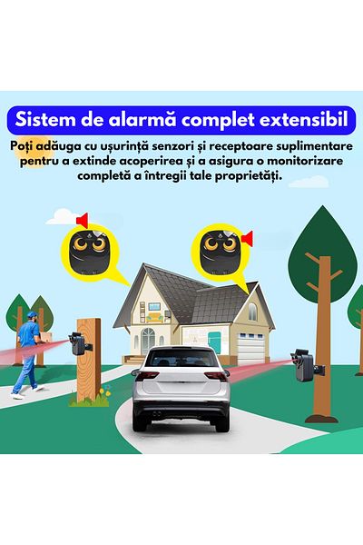Spionescu Wireless alarm with owl-type motion sensor, 800 m connection range, 4 volume levels, 35 melodies