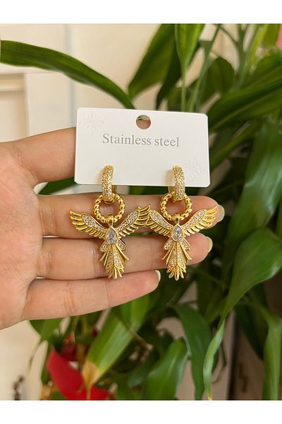 PONÇİK ACCESSORİES Steel Zircon Stone Gold Phoenix Earrings