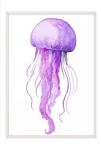 Postifull Pictură cu cadru alb, meduze, acuarelă, ilustrație, violet, poster de culoare în tonuri pastel, vara 2025