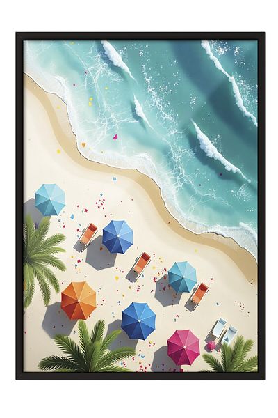 Postifull Black Framed Poster Painting, Beach and Umbrellas, Photo, Pink Color Poster, 2025 Summer Selection, No: