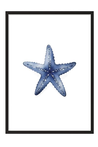 Postifull Pictură poster cu cadru negru, stea de mare albastră, ilustrație, poster de culoare albastră, selecție de vară 2025,