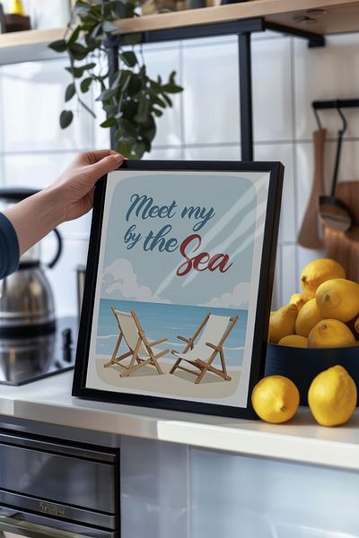 Postifull Black Framed Poster, Seaside Encounter, Illustration, Blue Color Poster, 2025 Summer Selection, N