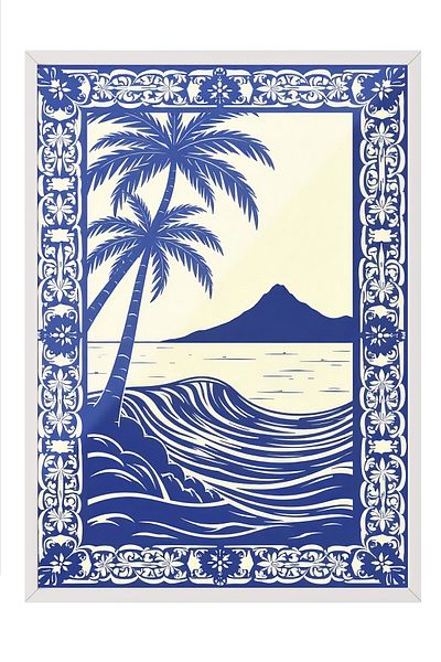 Postifull White Framed Poster, Seascape, Illustration, Blue Color Poster, 2025 Summer Selection, No:109616