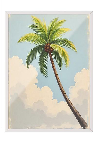 Postifull White Framed Poster Painting, Tall Palm Tree, Illustration, Green Color Poster, 2025 Summer Selection,