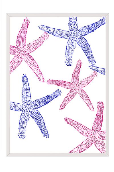 Postifull White Framed Painting, Starfish, Flat Illustration, Blue, Pink Color Poster, 2025 Summer Selection, No