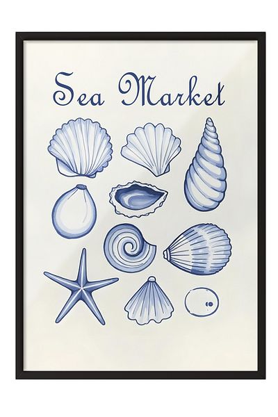 Postifull Black Framed Poster, Sea Market, Illustration, Blue Color Poster, 2025 Summer Selection, No:109582