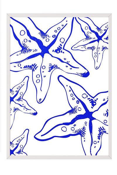 Postifull White Framed Painting, Starfish, Illustration, Blue, White Color Poster, 2025 Summer Selection, No:109