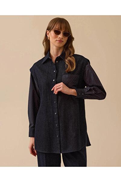 SCL Çift Kumaşlı Taş Detaylı Jean Gömlek
